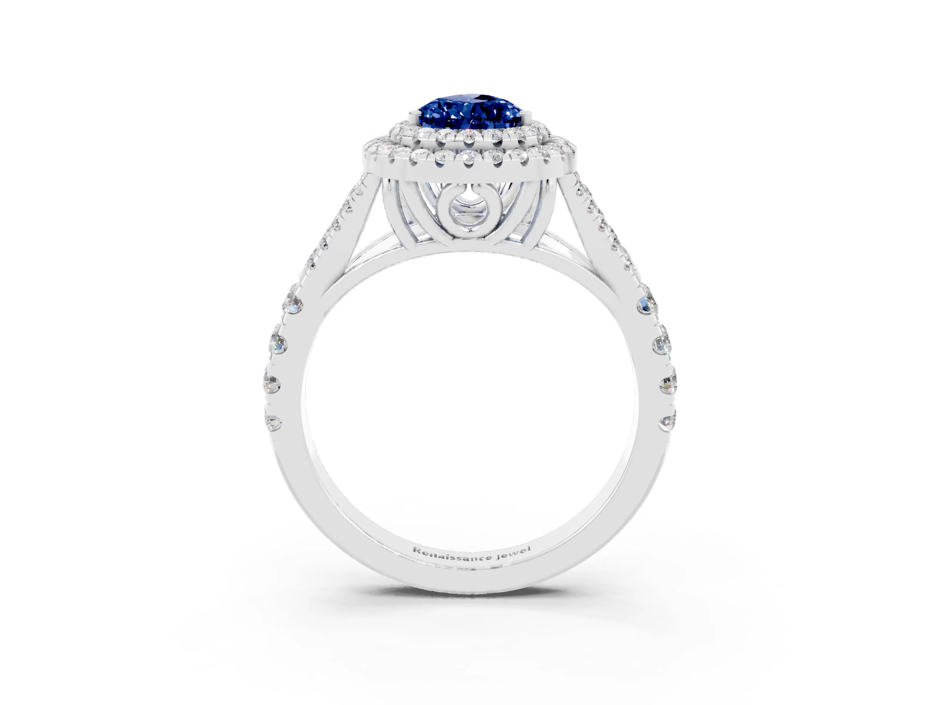White gold Pear Cut Blue Sapphire Pavé Split Shank Double Halo Engagement Ring_3