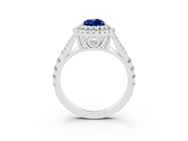 Silver Pear Cut Blue Sapphire Pavé Split Shank Double Halo Engagement Ring