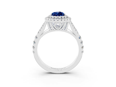 White gold Pear Cut Blue Sapphire Pavé Split Shank Double Halo Engagement Ring_3