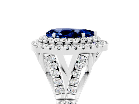 White gold Pear Cut Blue Sapphire Pavé Split Shank Double Halo Engagement Ring_5