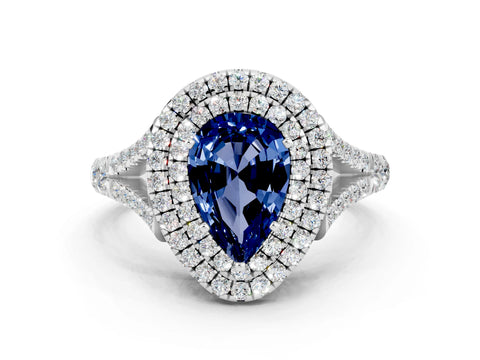 White gold Pear Cut Blue Sapphire Pavé Split Shank Double Halo Engagement Ring