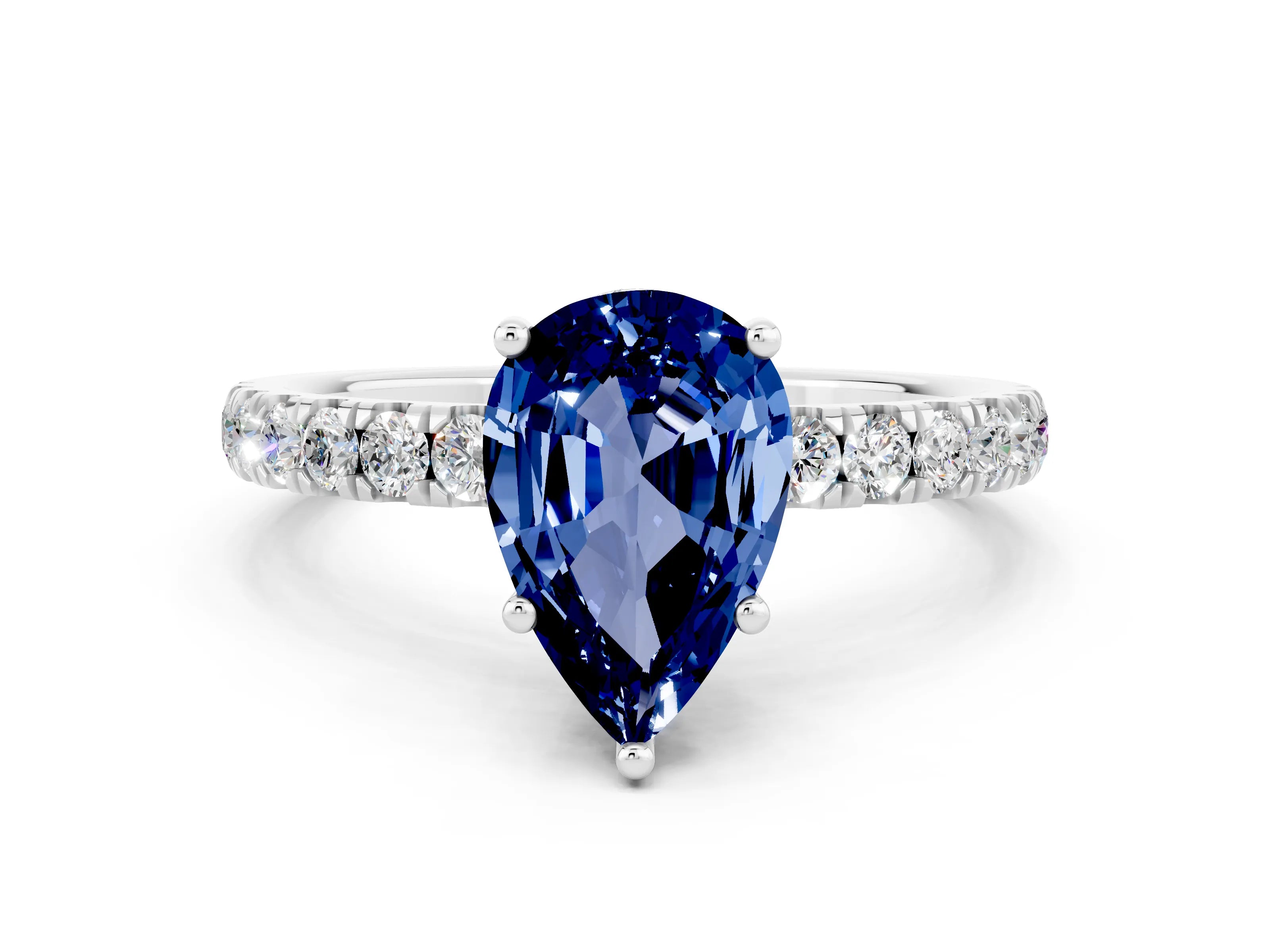 White gold Pear Cut Blue Sapphire Pave Band Solitaire Ring with Four-Prong Setting_24