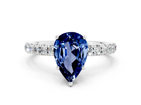 White gold Pear Cut Blue Sapphire Pave Band Solitaire Ring with Round  and Prong Setting