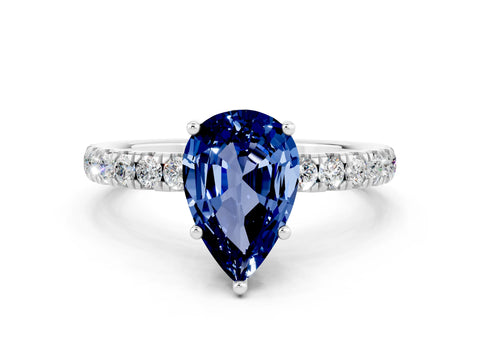 White gold Pear Cut Blue Sapphire Pave Band Solitaire Ring with Four-Prong Setting_24