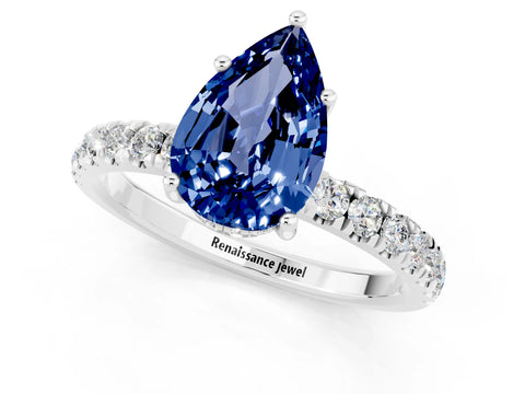White gold Pear Cut Blue Sapphire Pave Band Solitaire Ring with Four-Prong Setting_25