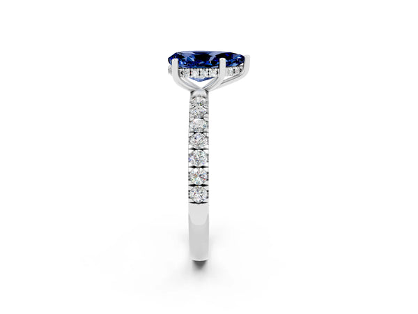 White gold Pear Cut Blue Sapphire Pave Band Solitaire Ring with Round  and Prong Setting