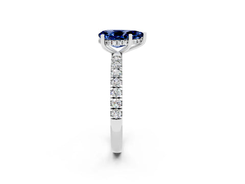 White gold Pear Cut Blue Sapphire Pave Band Solitaire Ring with Four-Prong Setting_26