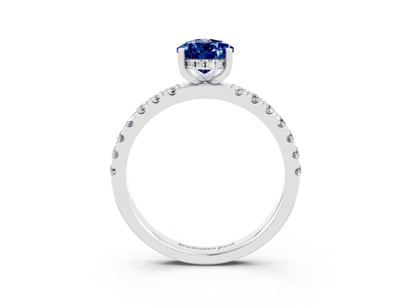 White gold Pear Cut Blue Sapphire Pave Band Solitaire Ring with Round  and Prong Setting