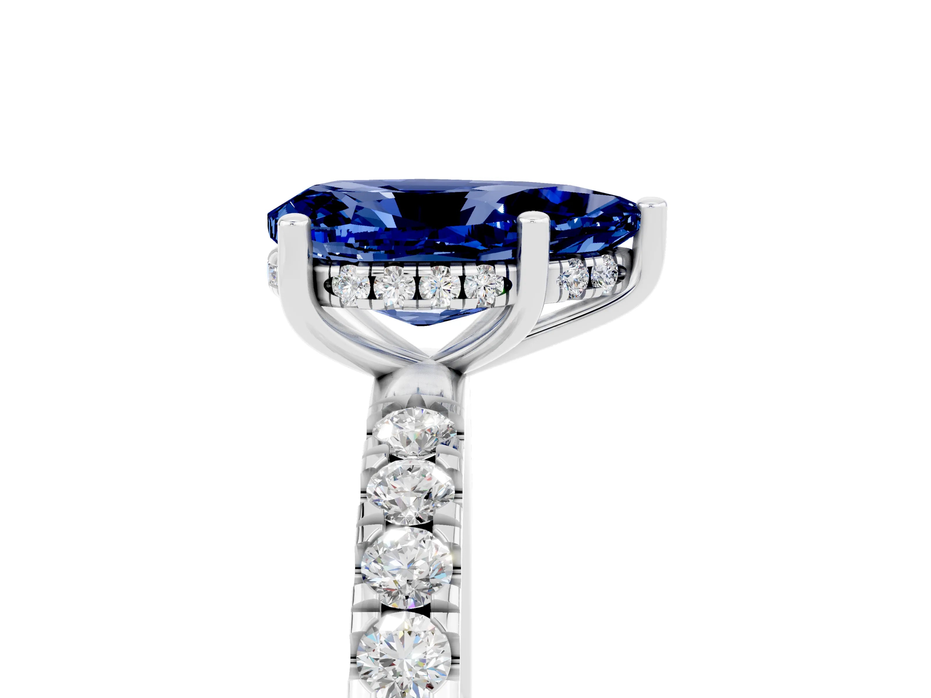 White gold Pear Cut Blue Sapphire Pave Band Solitaire Ring with Four-Prong Setting_29