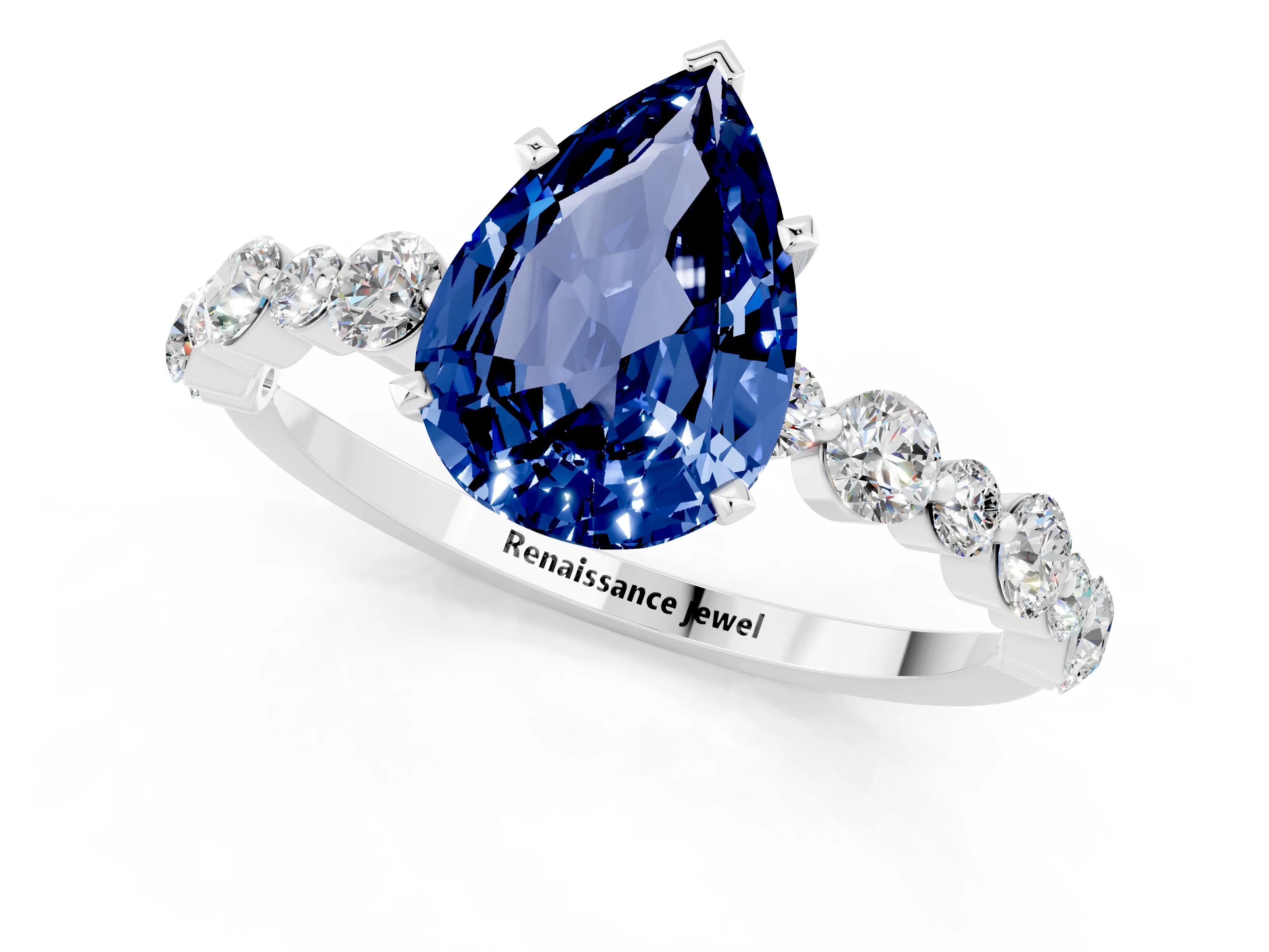 White gold Pear Cut Blue Sapphire Prong Set Engagement Ring with Pavé Band_1