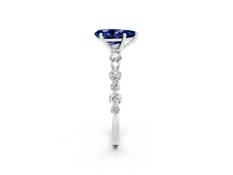 White gold Pear Cut Blue Sapphire Prong Set Engagement Ring with Pavé Band_2
