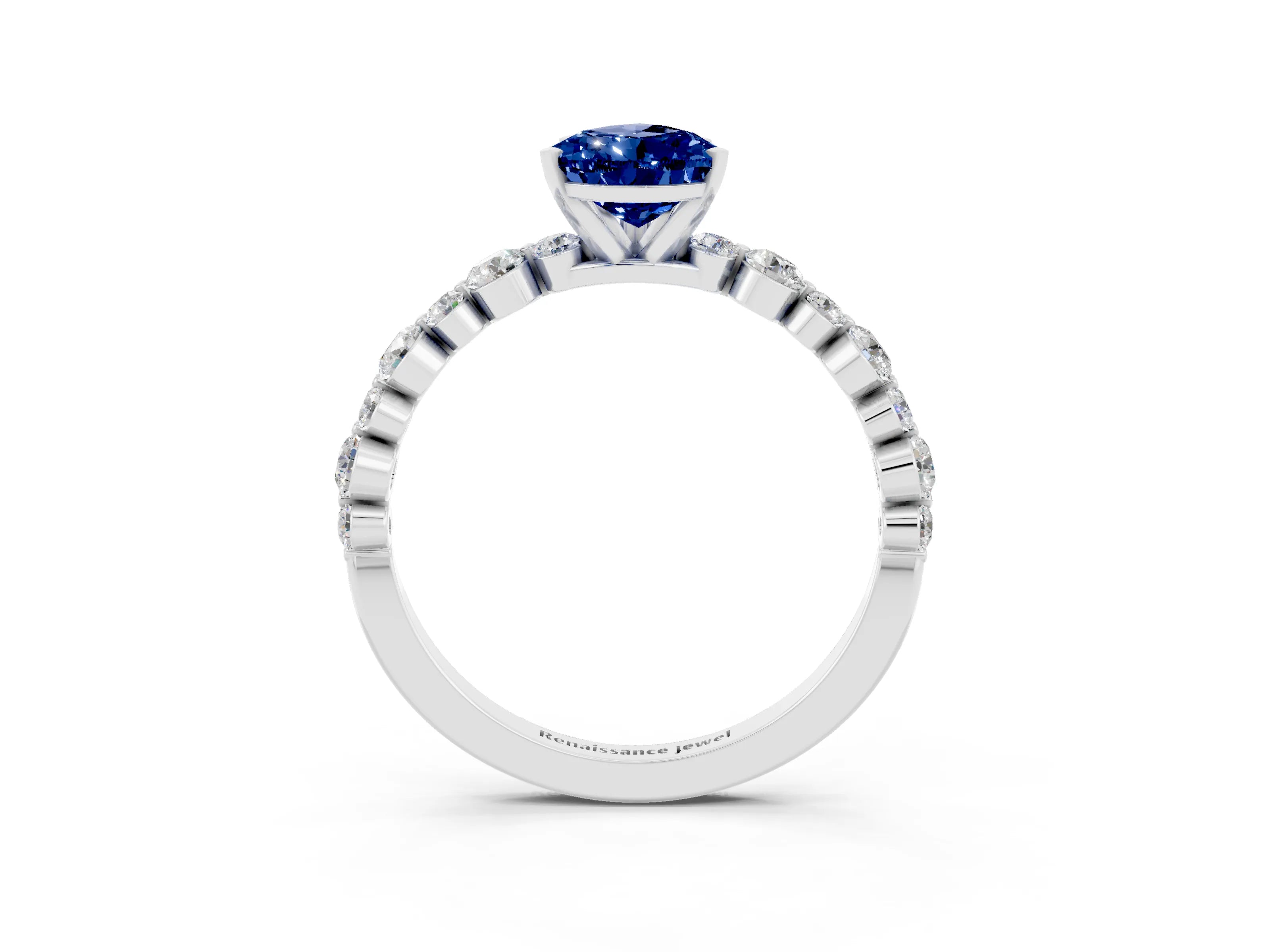 White gold Pear Cut Blue Sapphire Prong Set Engagement Ring with Pavé Band_3