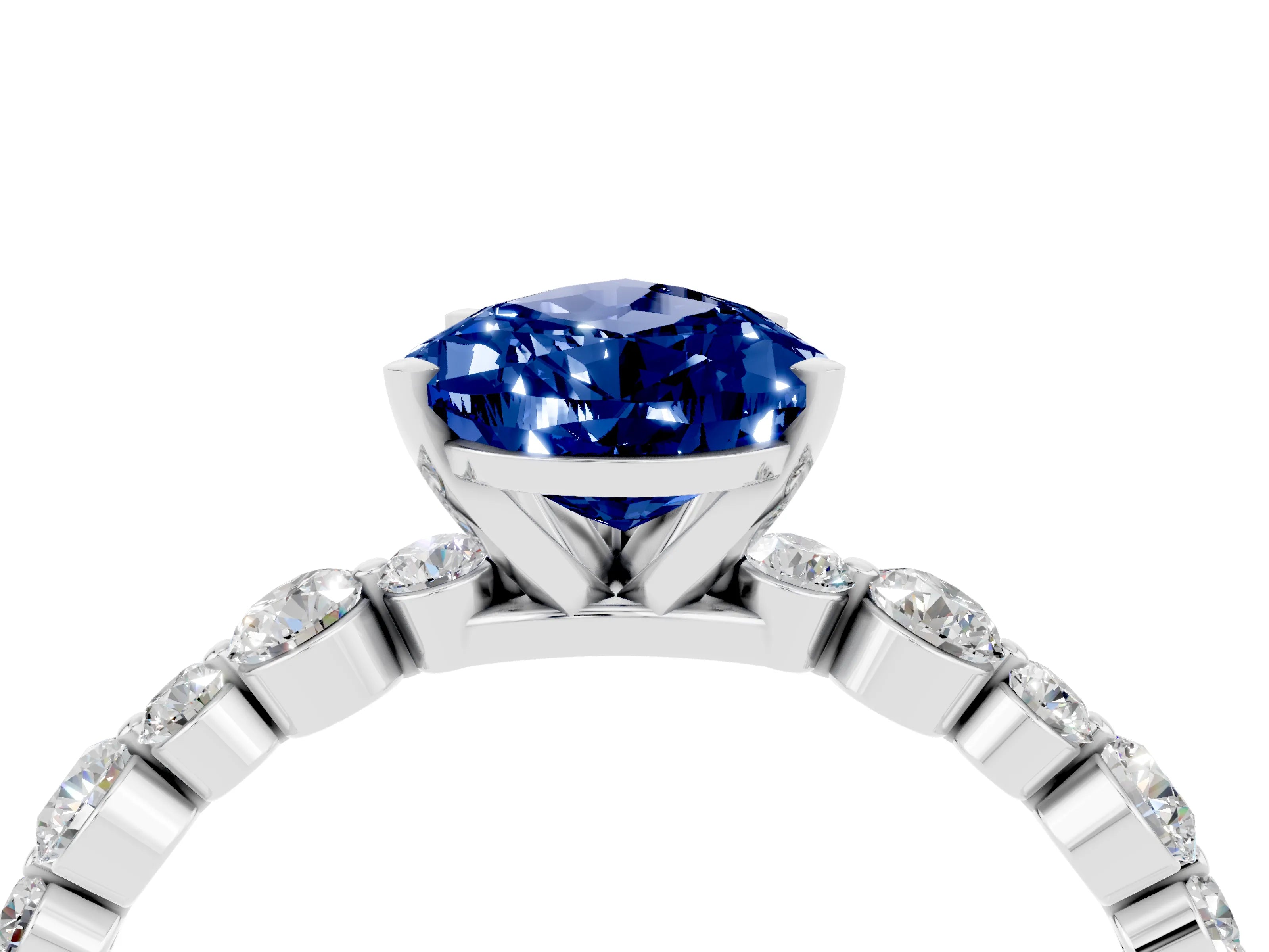 White gold Pear Cut Blue Sapphire Prong Set Engagement Ring with Pavé Band_4