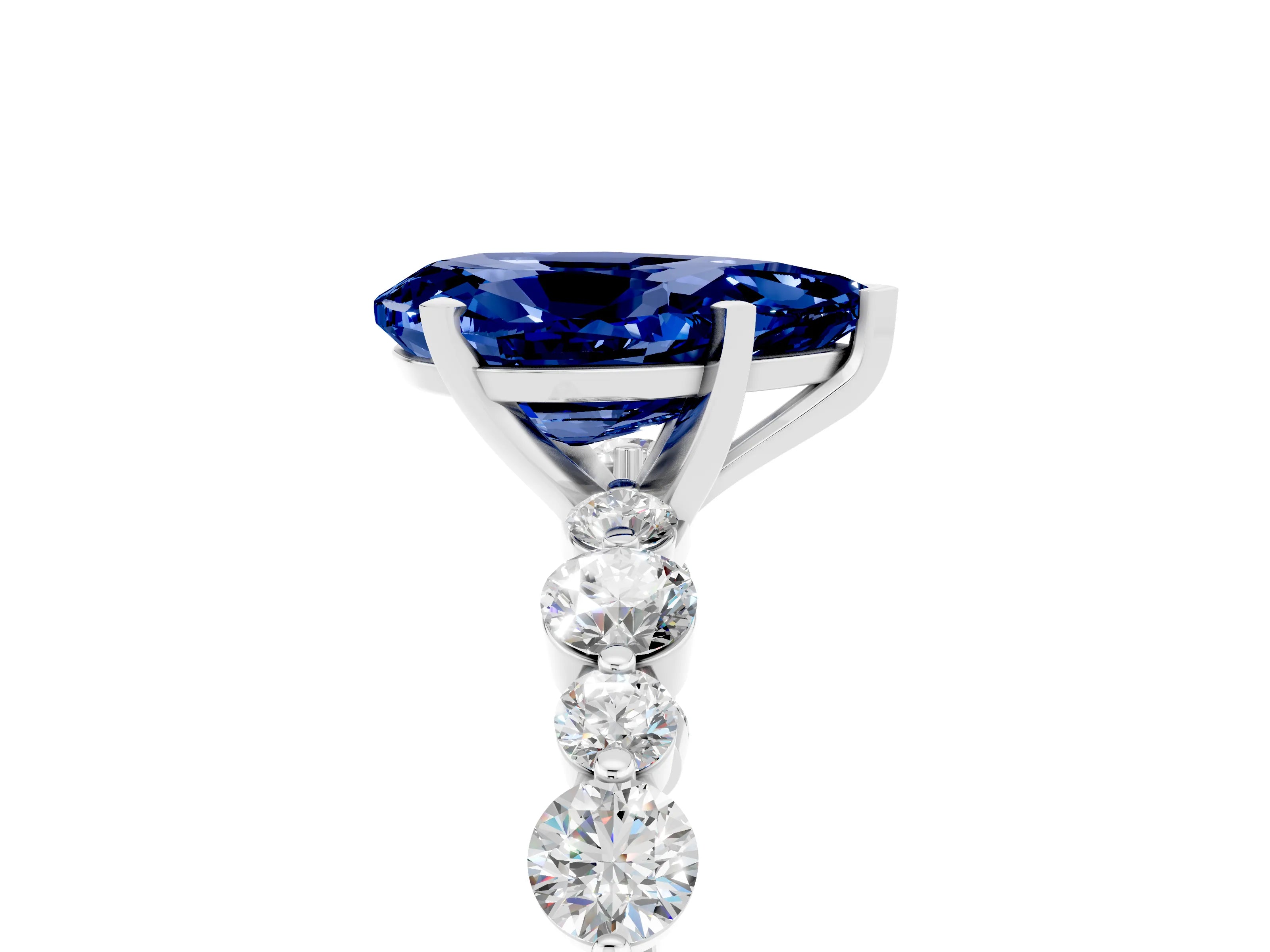 White gold Pear Cut Blue Sapphire Prong Set Engagement Ring with Pavé Band_5