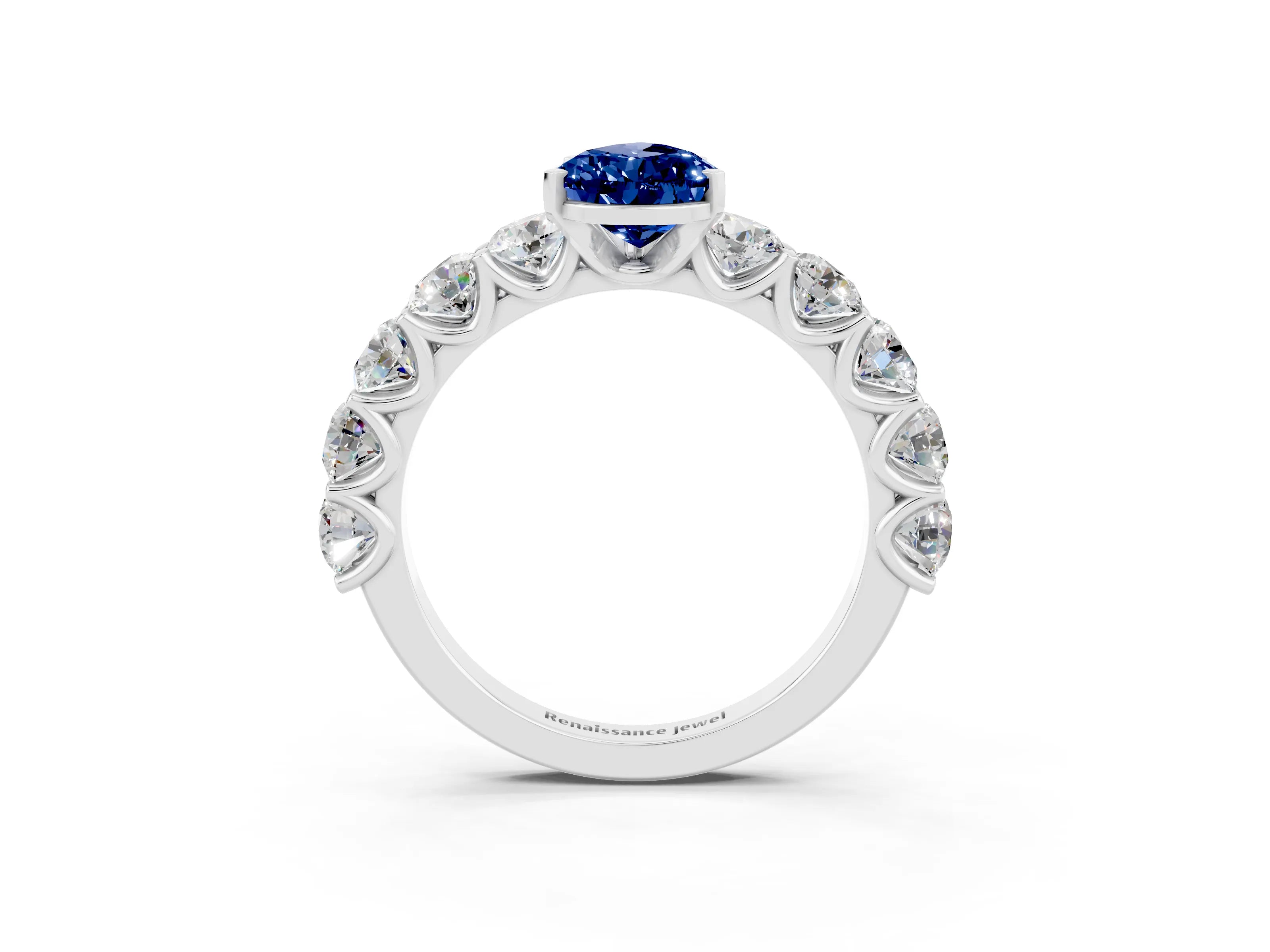 White gold Pear Cut Blue Sapphire Prong Setting with Side Stones on a Pave Band_3