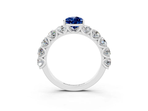 White gold Pear Cut Blue Sapphire Prong Setting with Side Stones on a Pave Band_3