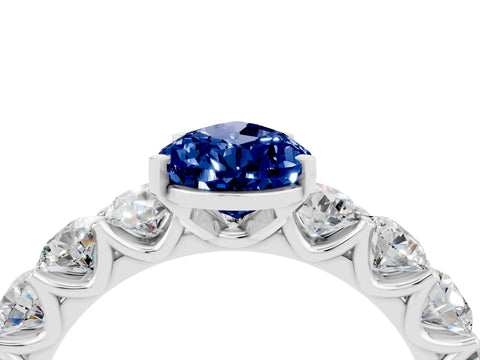 White gold Pear Cut Blue Sapphire Prong Setting with Side Stones on a Pave Band_4