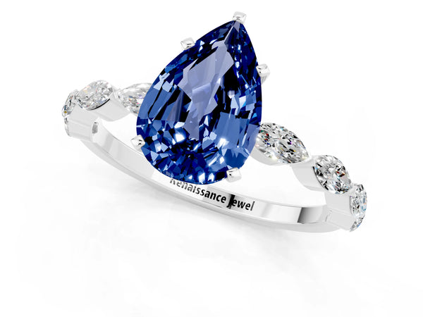 Platinum Pear Cut Blue Sapphire Ring with Marquise Side Stones and Prong Setting