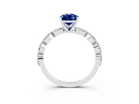 White gold Pear Cut Blue Sapphire Ring with Marquise Side Stones and Prong Setting_3
