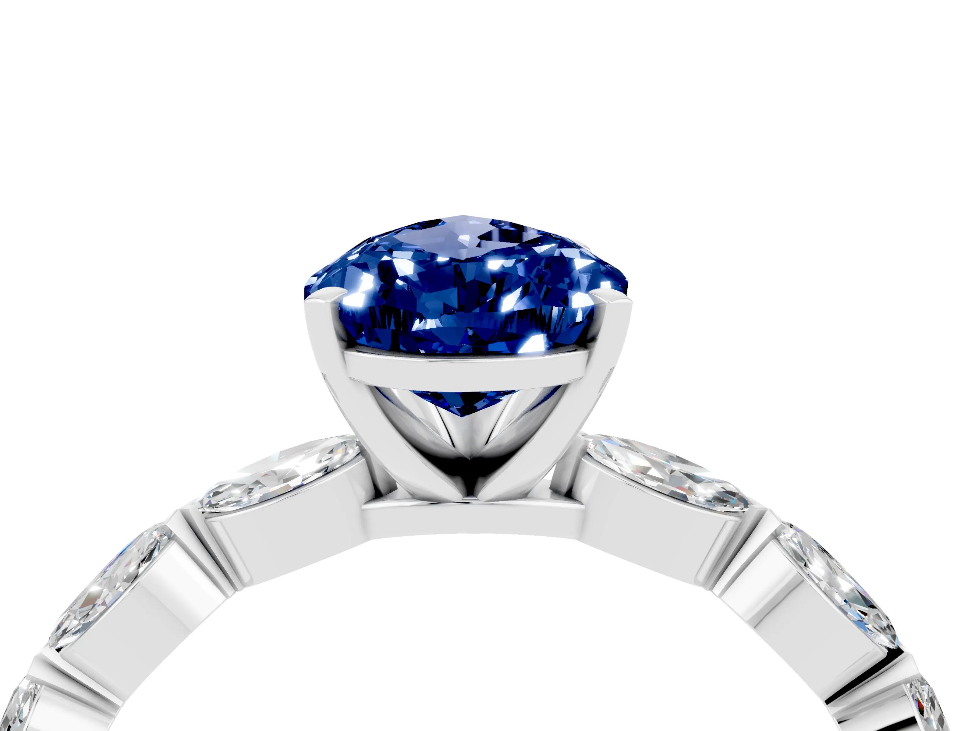 White gold Pear Cut Blue Sapphire Ring with Marquise Side Stones and Prong Setting_4