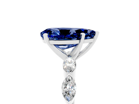 White gold Pear Cut Blue Sapphire Ring with Marquise Side Stones and Prong Setting_5