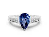 White gold Pear Cut Blue Sapphire Ring with Milgrain Pavé Band and Four-Prong Setting_12