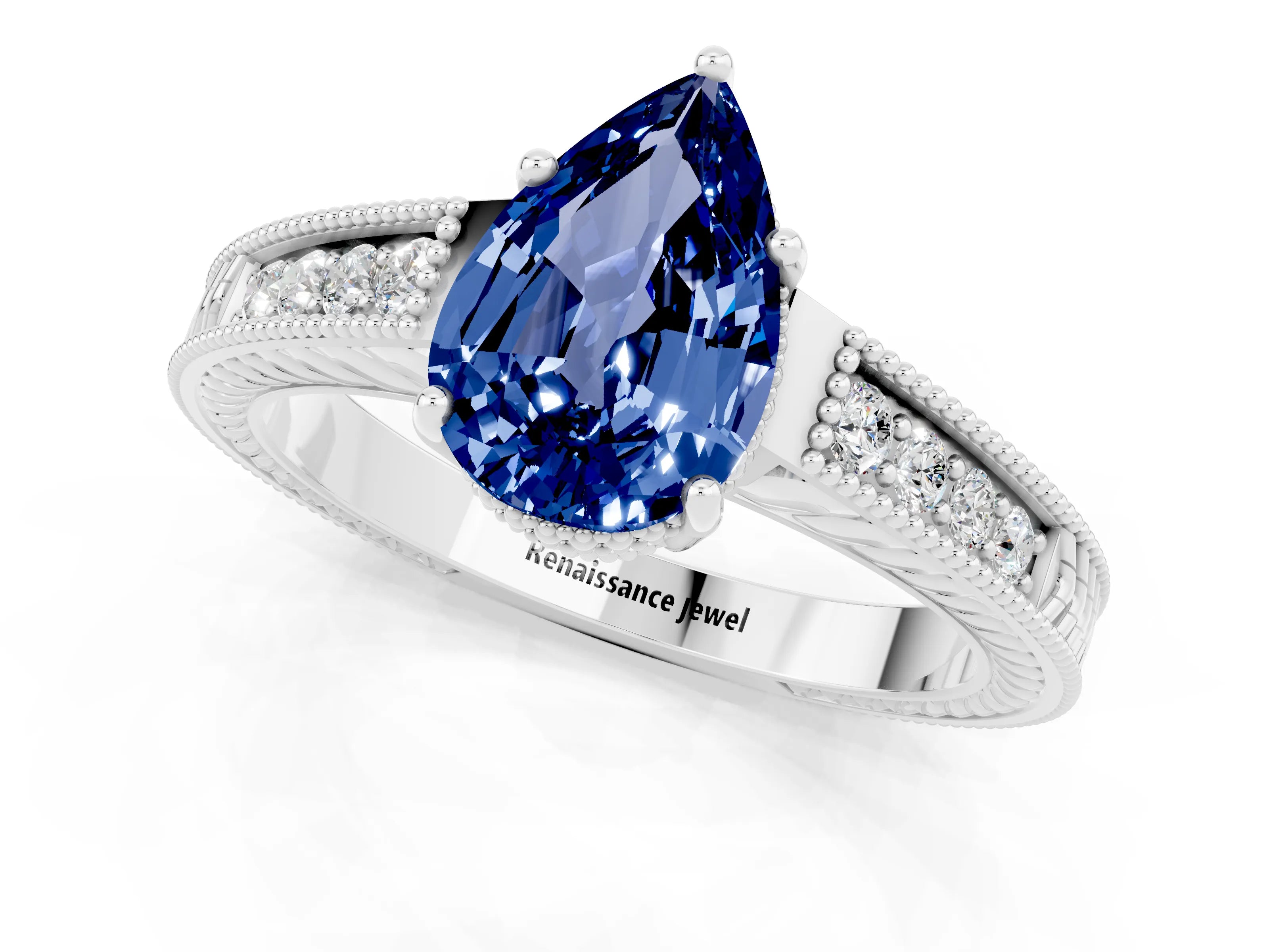 White gold Pear Cut Blue Sapphire Ring with Milgrain Pavé Band and Four-Prong Setting_13