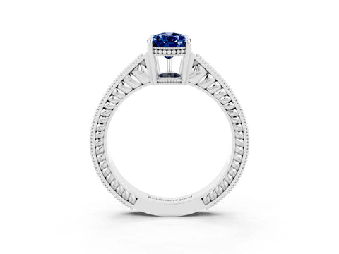 White gold Pear Cut Blue Sapphire Ring with Milgrain Pavé Band and Four-Prong Setting_15