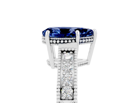 White gold Pear Cut Blue Sapphire Ring with Milgrain Pavé Band and Four-Prong Setting_17