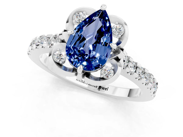 Silver Pear Cut Blue Sapphire Ring with Pavé Band and Floral Prong Setting