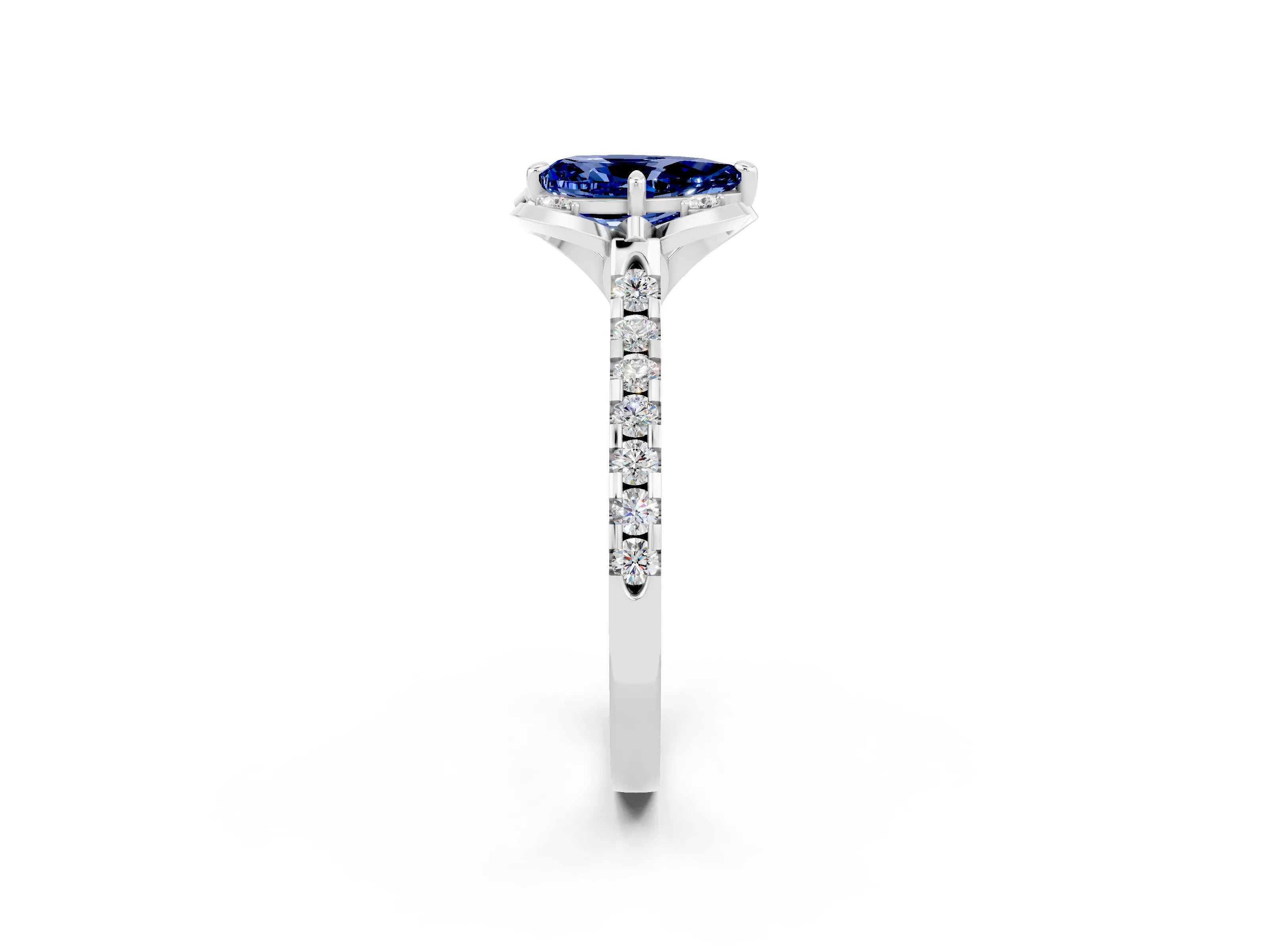 White gold Pear Cut Blue Sapphire Ring with Pavé Band and Floral Prong Setting_2