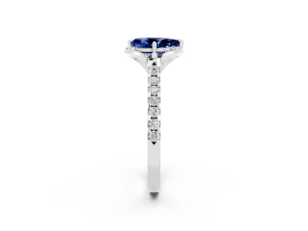 Silver Pear Cut Blue Sapphire Ring with Pavé Band and Floral Prong Setting
