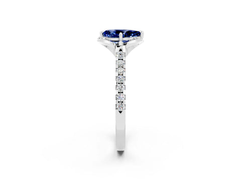 White gold Pear Cut Blue Sapphire Ring with Pavé Band and Floral Prong Setting_2