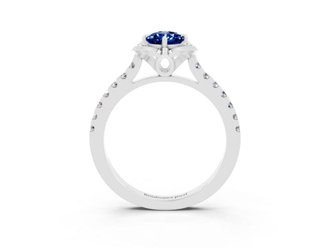 White gold Pear Cut Blue Sapphire Ring with Pavé Band and Floral Prong Setting_3