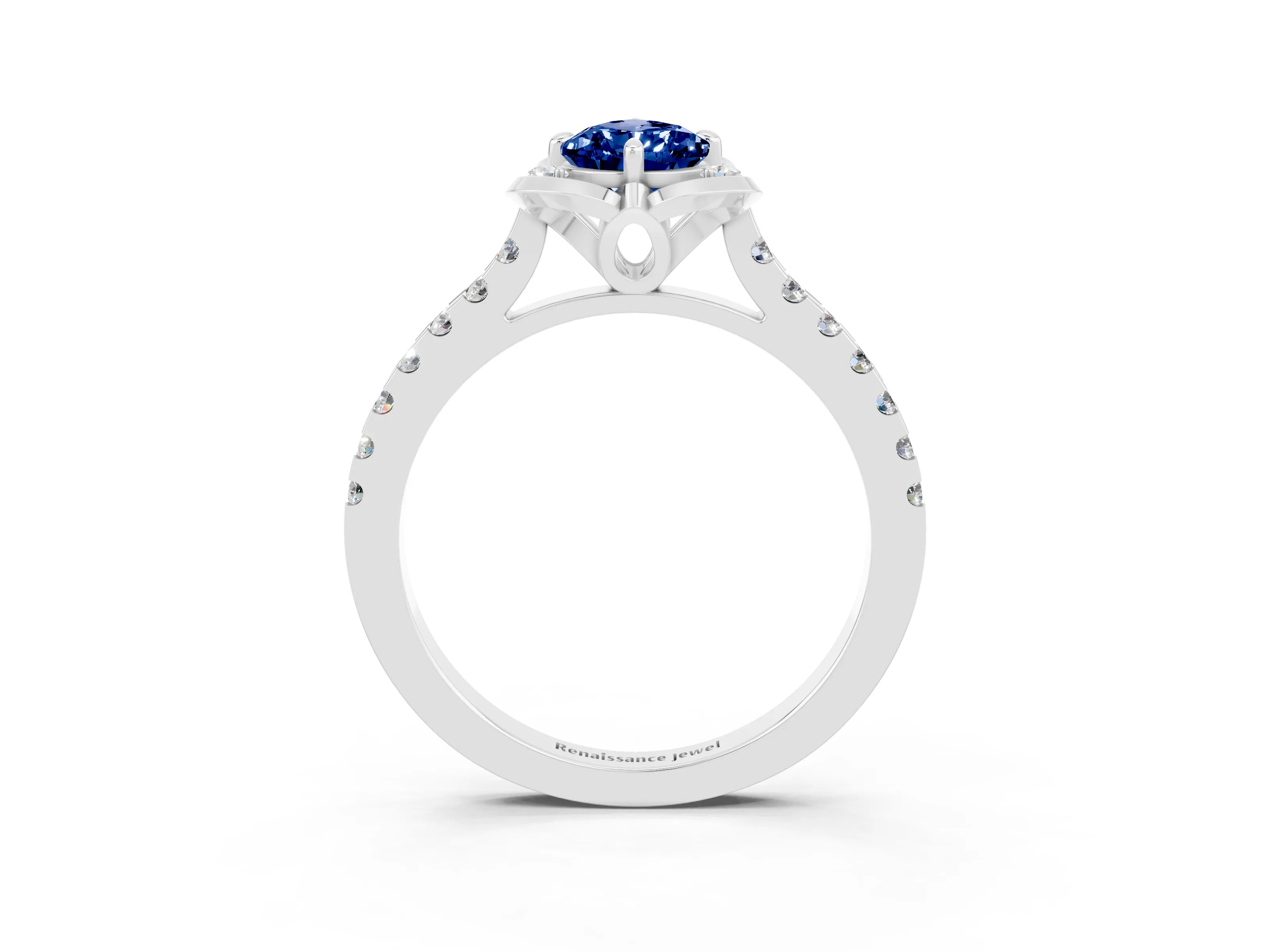 White gold Pear Cut Blue Sapphire Ring with Pavé Band and Floral Prong Setting_3