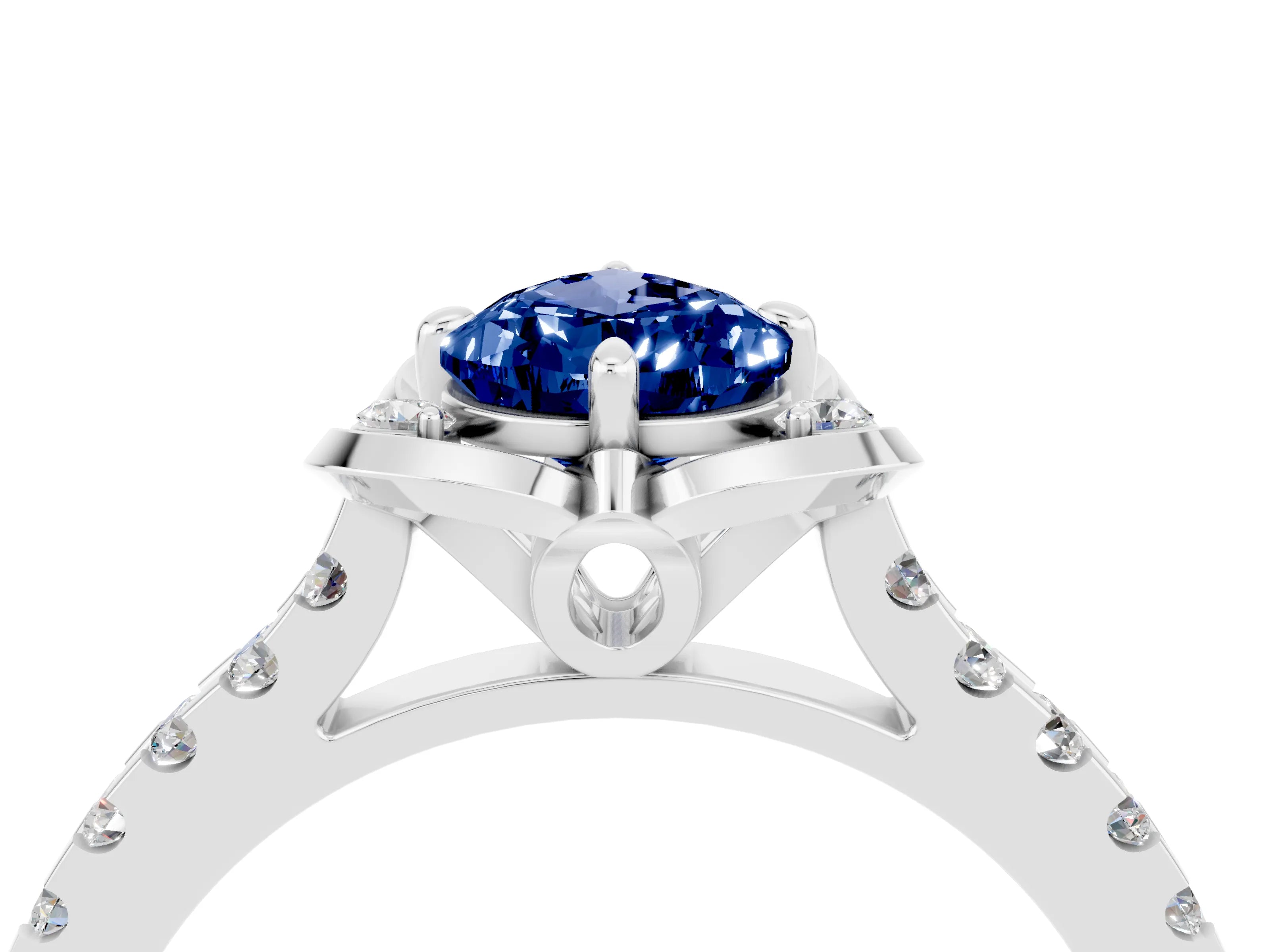 White gold Pear Cut Blue Sapphire Ring with Pavé Band and Floral Prong Setting_4