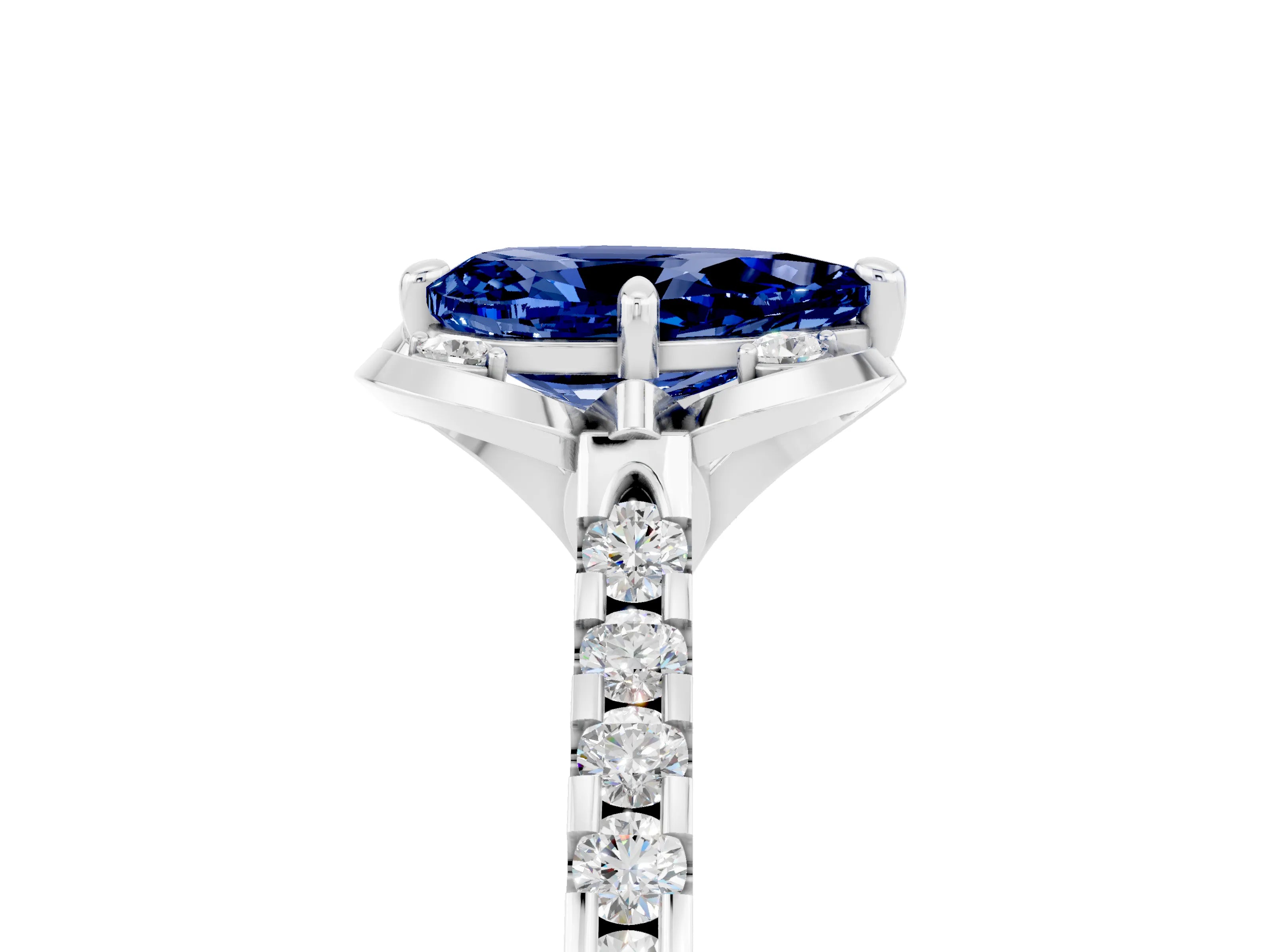 White gold Pear Cut Blue Sapphire Ring with Pavé Band and Floral Prong Setting_5