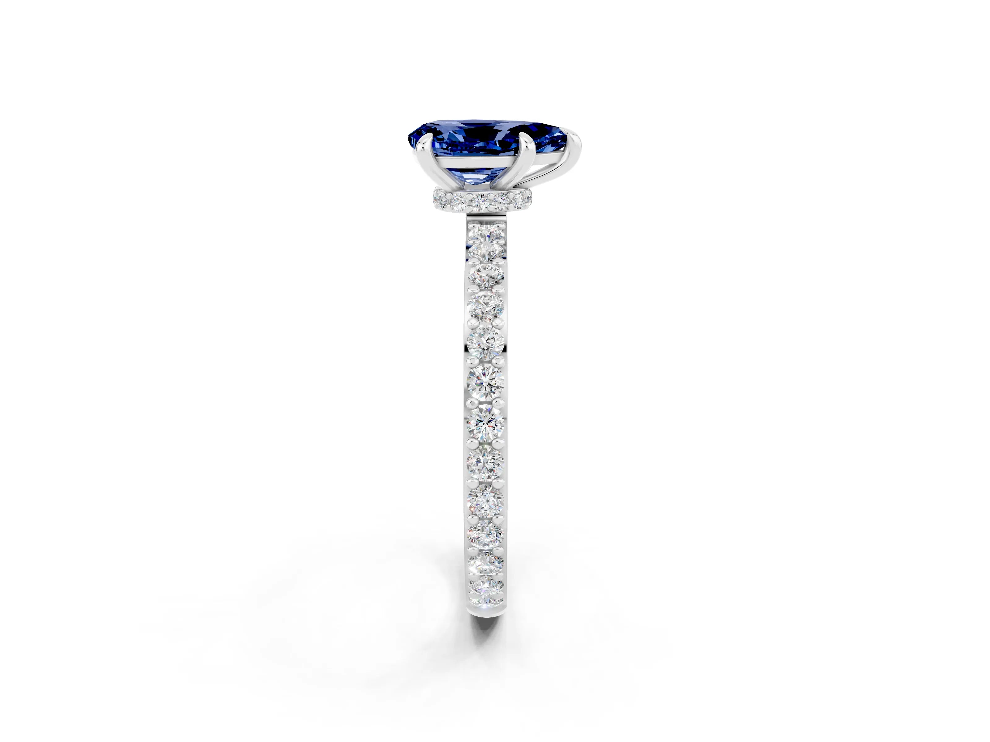 White gold Pear Cut Blue Sapphire Ring with Pavé Band and Four-Prong Setting_2
