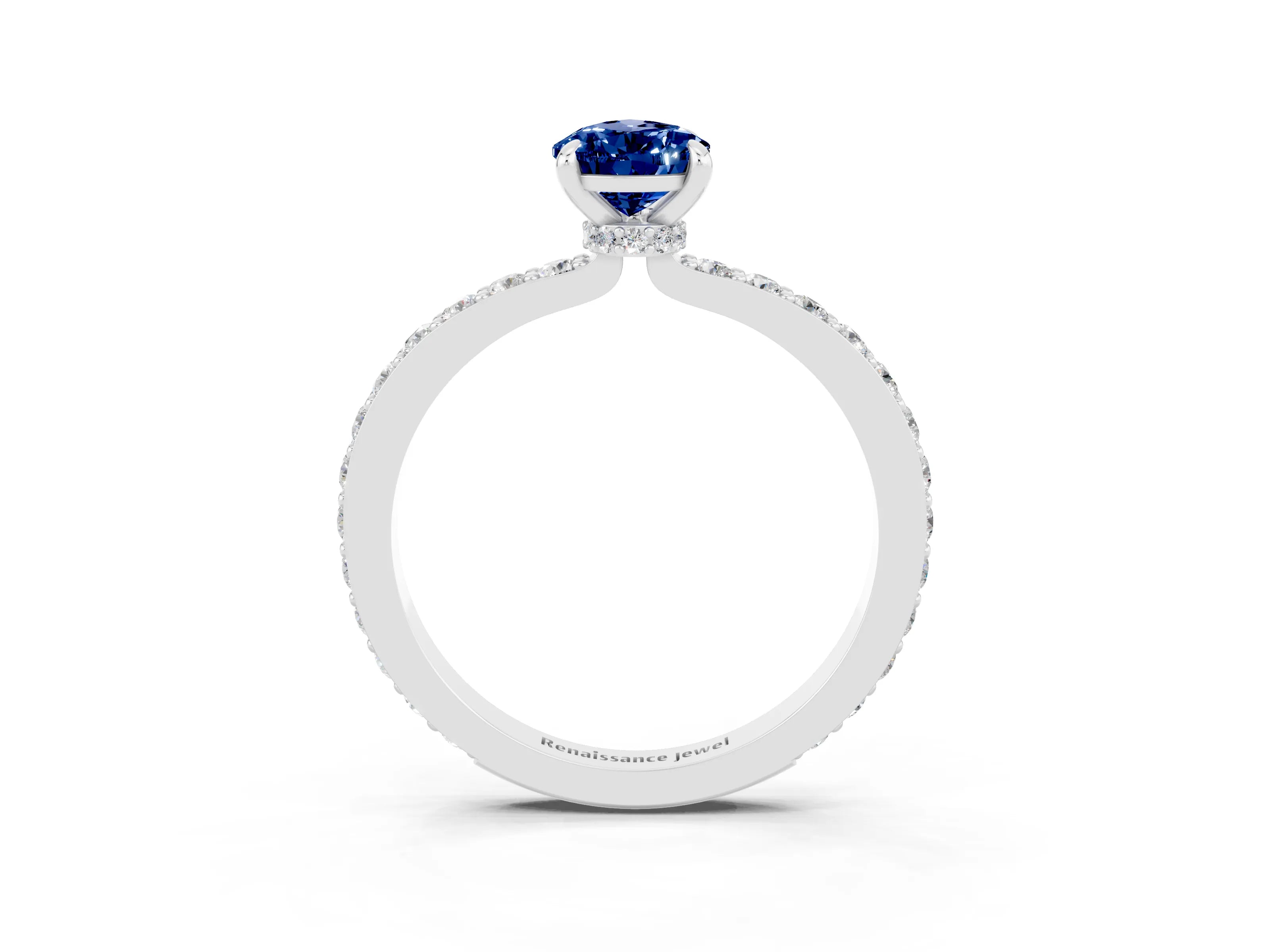 White gold Pear Cut Blue Sapphire Ring with Pavé Band and Four-Prong Setting_3