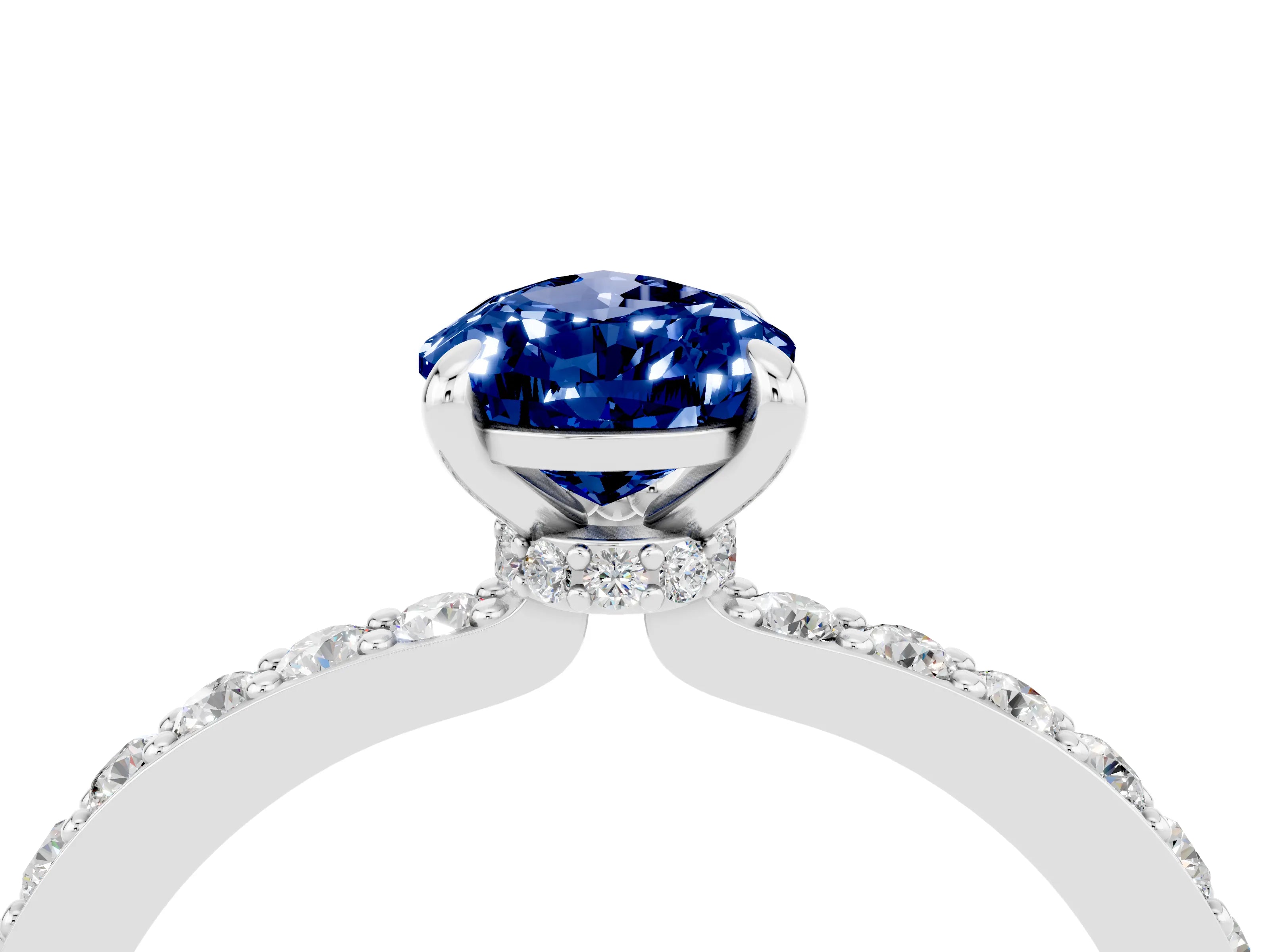 White gold Pear Cut Blue Sapphire Ring with Pavé Band and Four-Prong Setting_4
