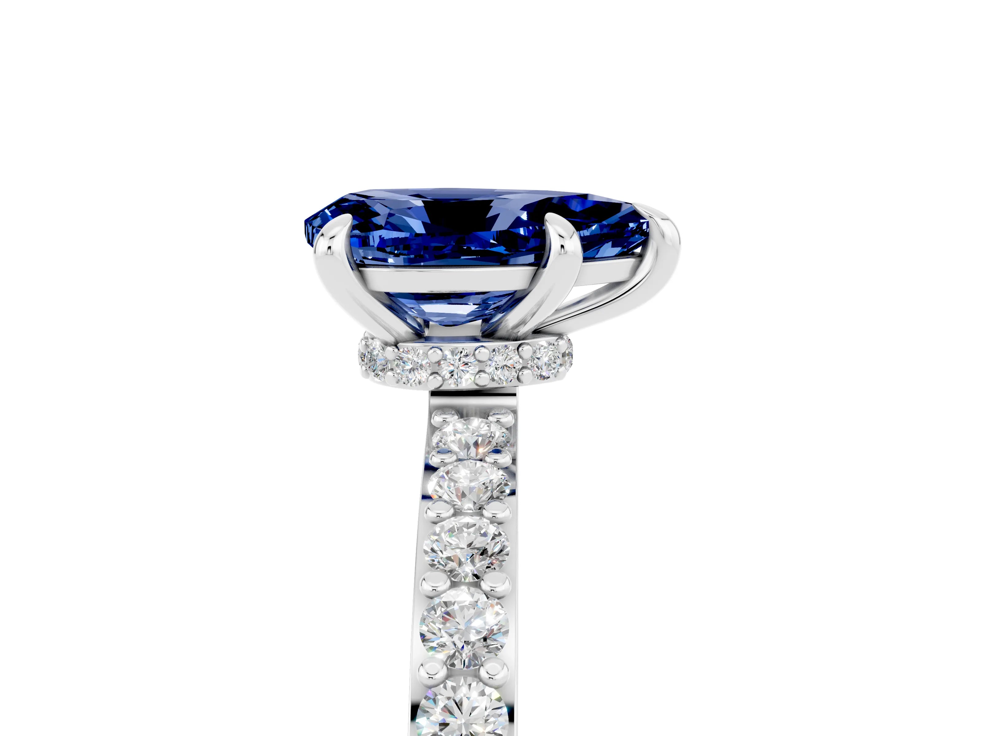 White gold Pear Cut Blue Sapphire Ring with Pavé Band and Four-Prong Setting_5