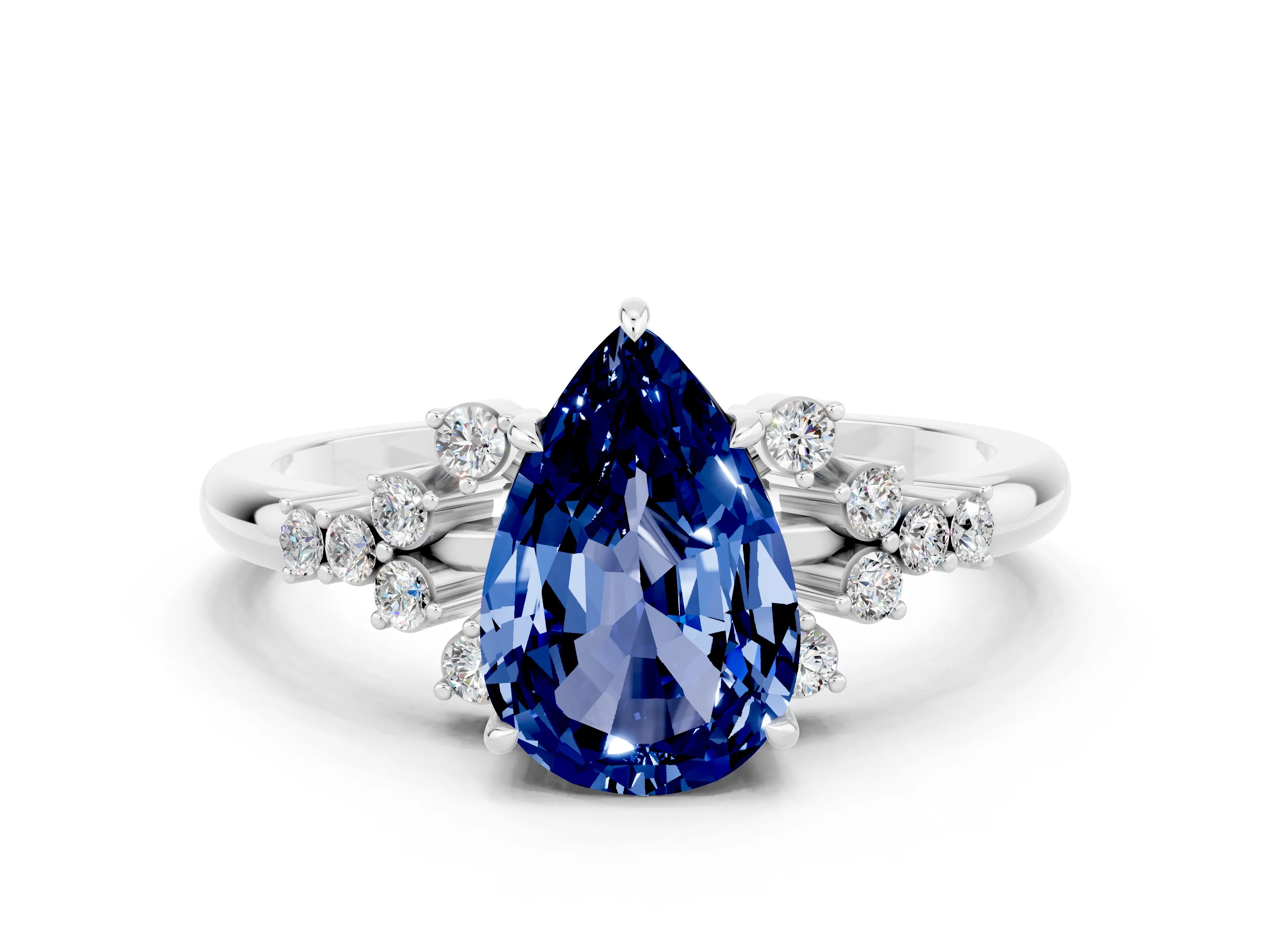 White gold Pear Cut Blue Sapphire Ring with Side Stones and Four-Prong Setting_36