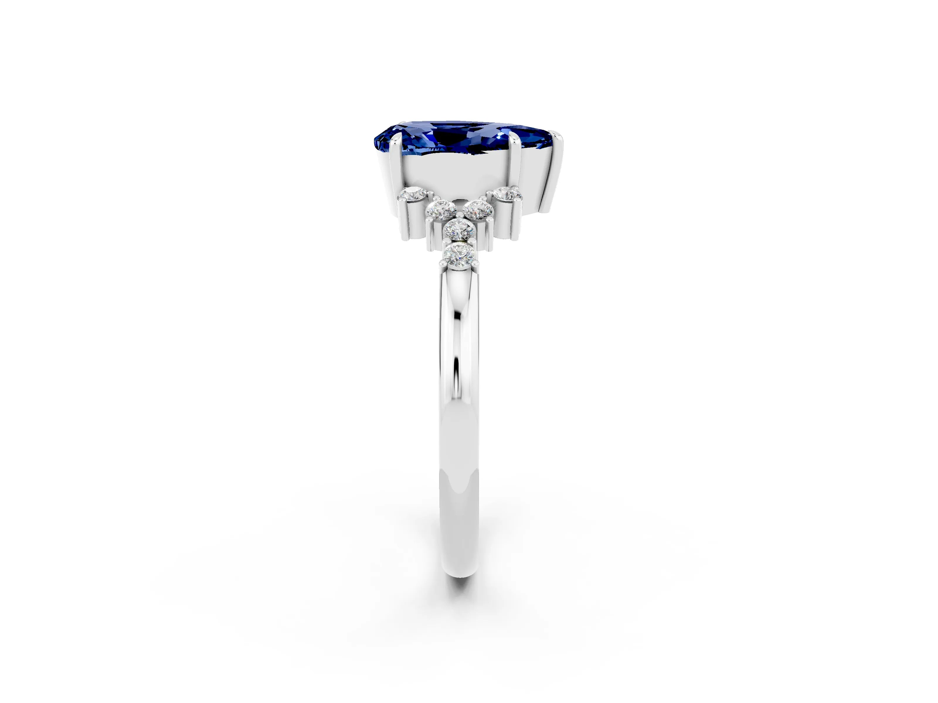 White gold Pear Cut Blue Sapphire Ring with Side Stones and Four-Prong Setting_38