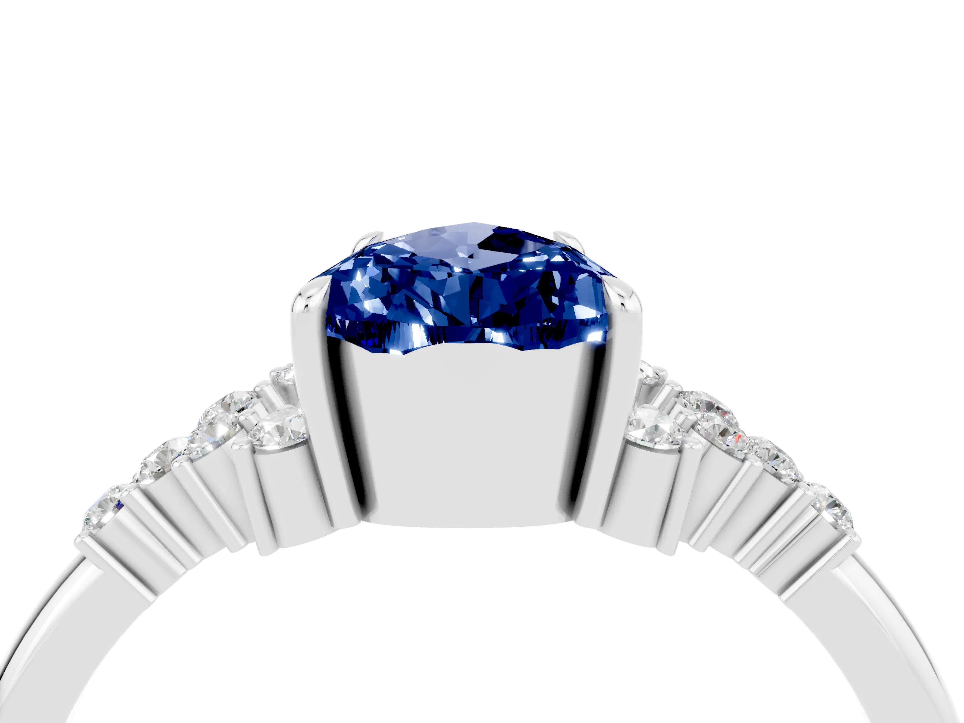 White gold Pear Cut Blue Sapphire Ring with Side Stones and Four-Prong Setting_40