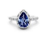 White gold Pear Cut Blue Sapphire Scalloped Halo Engagement Ring with Round Shared Prong Band_24
