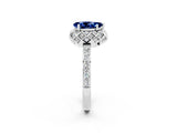 White gold Pear Cut Blue Sapphire Scalloped Halo Engagement Ring with Round Shared Prong Band_26