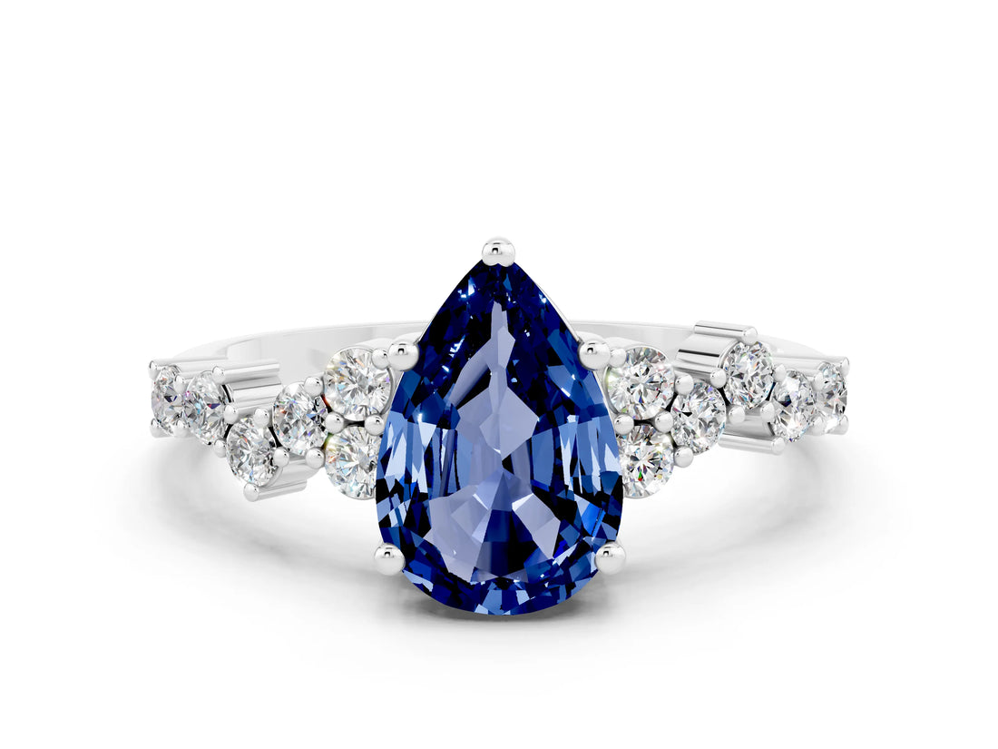 White gold Pear Cut Blue Sapphire Scattered Round Accent Ring with Prong Setting_36