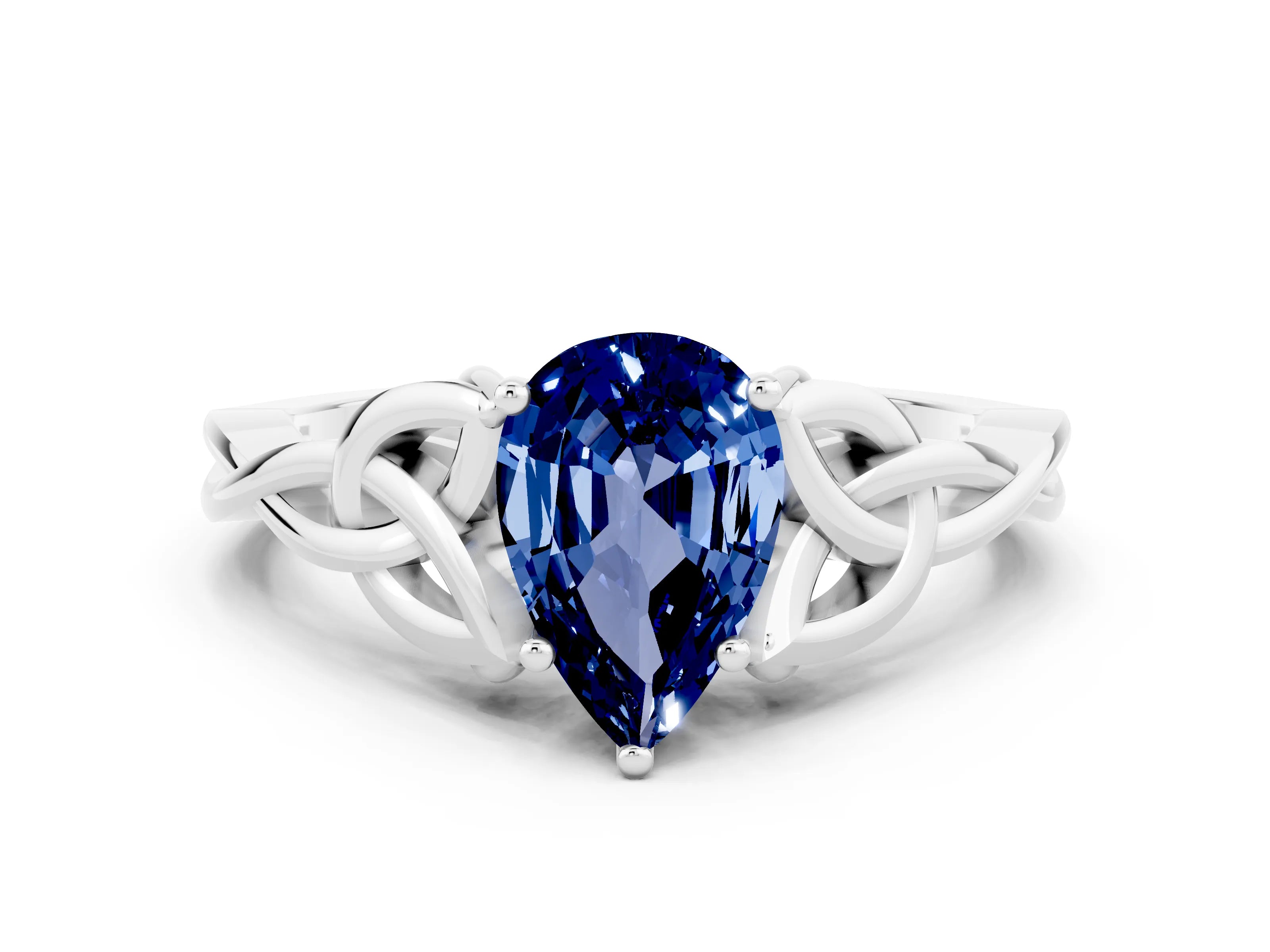 White gold Pear Cut Blue Sapphire Solitaire Celtic Knot Ring with Four-Prong Setting_12