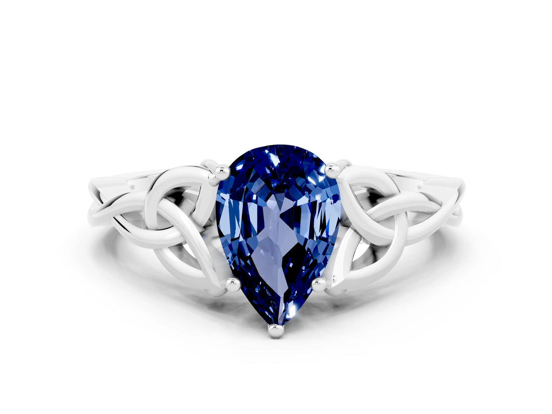 White gold Pear Cut Blue Sapphire Solitaire Celtic Knot Ring with Four-Prong Setting_12