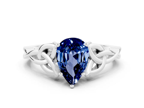 White gold Pear Cut Blue Sapphire Solitaire Celtic Knot Ring with Four-Prong Setting_12